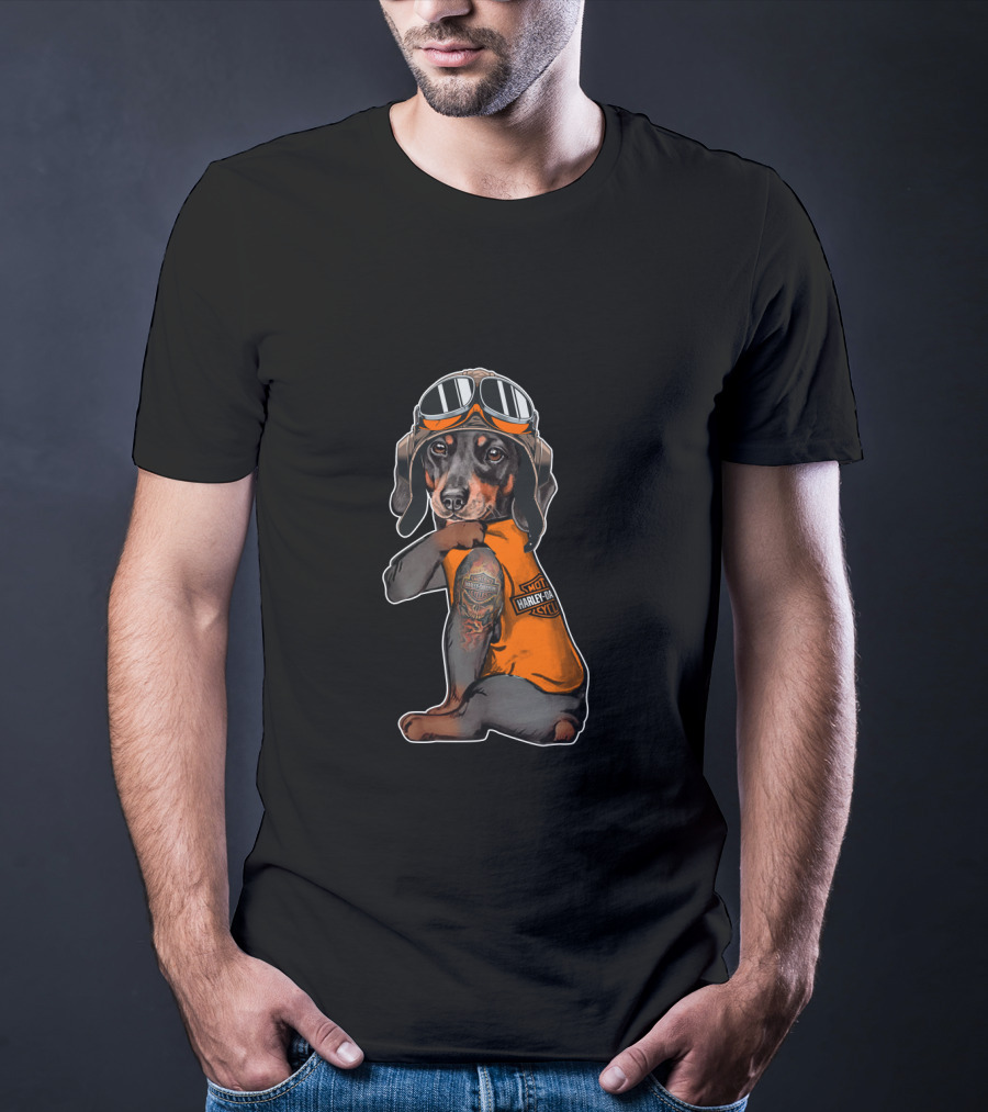 Hd Tatoo Dachshund In Harley Davidson Biker Gear T-Shirt