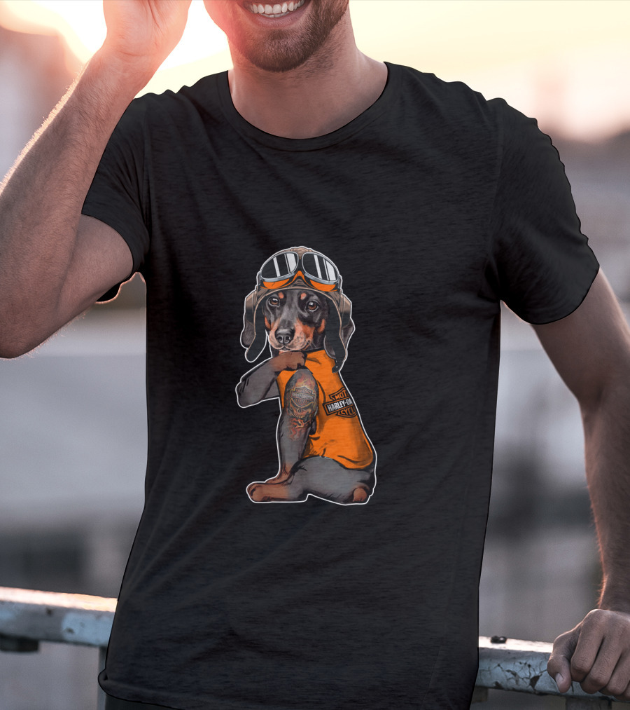 Hd Tatoo Dachshund In Harley Davidson Biker Gear T-Shirt