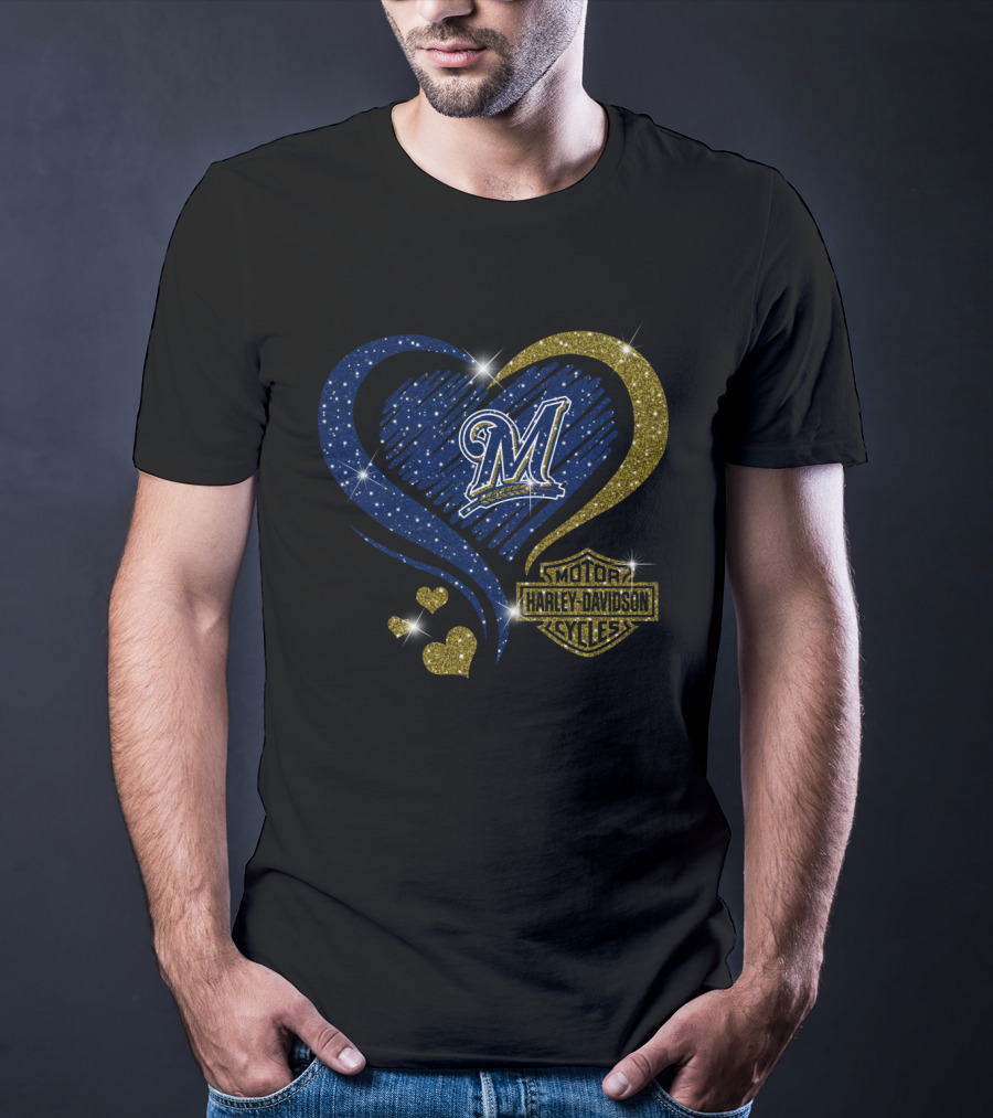 Milwaukee Brewers Heart With Harley Davidson T-Shirt