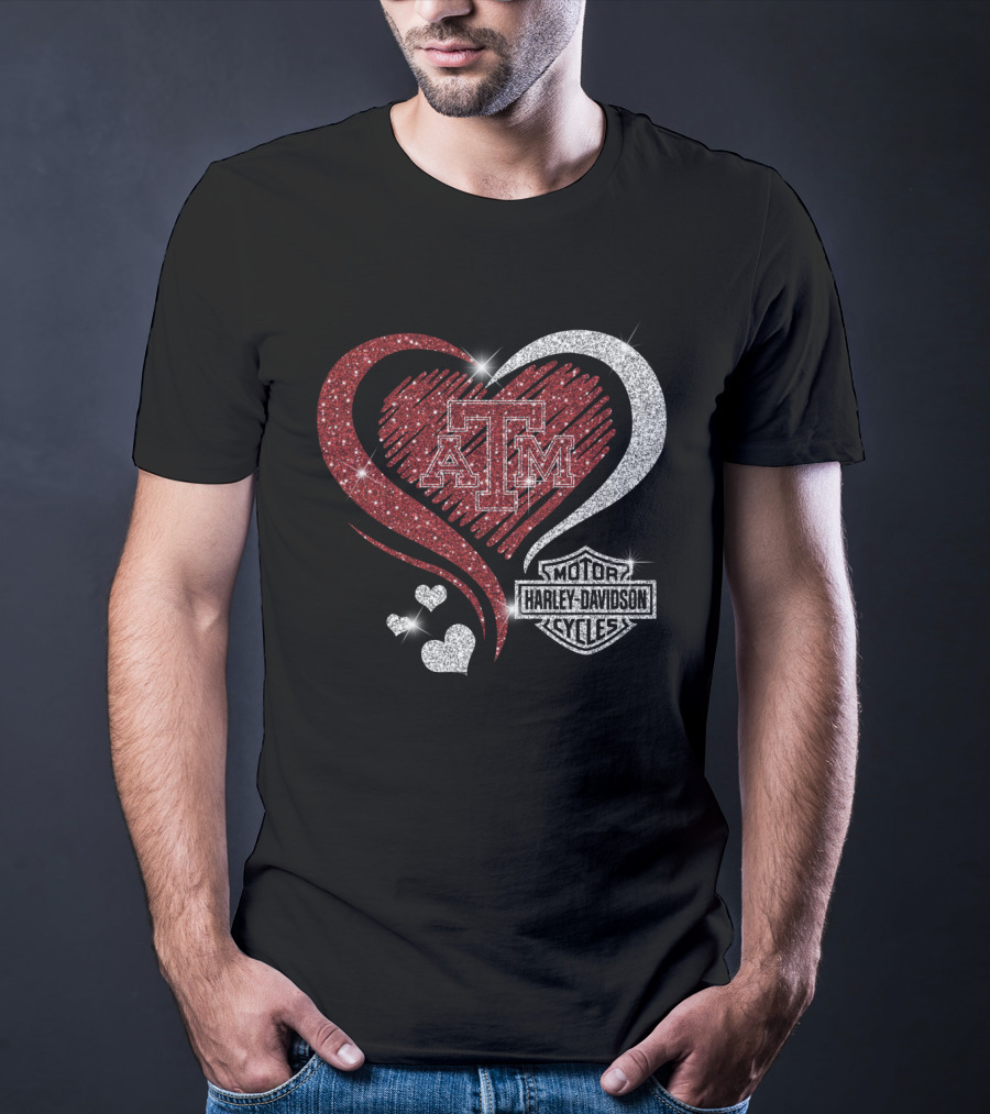 Atm Texas A&M Aggies Harley Davidson Motor Cycles Sparkling Heart T-Shirt