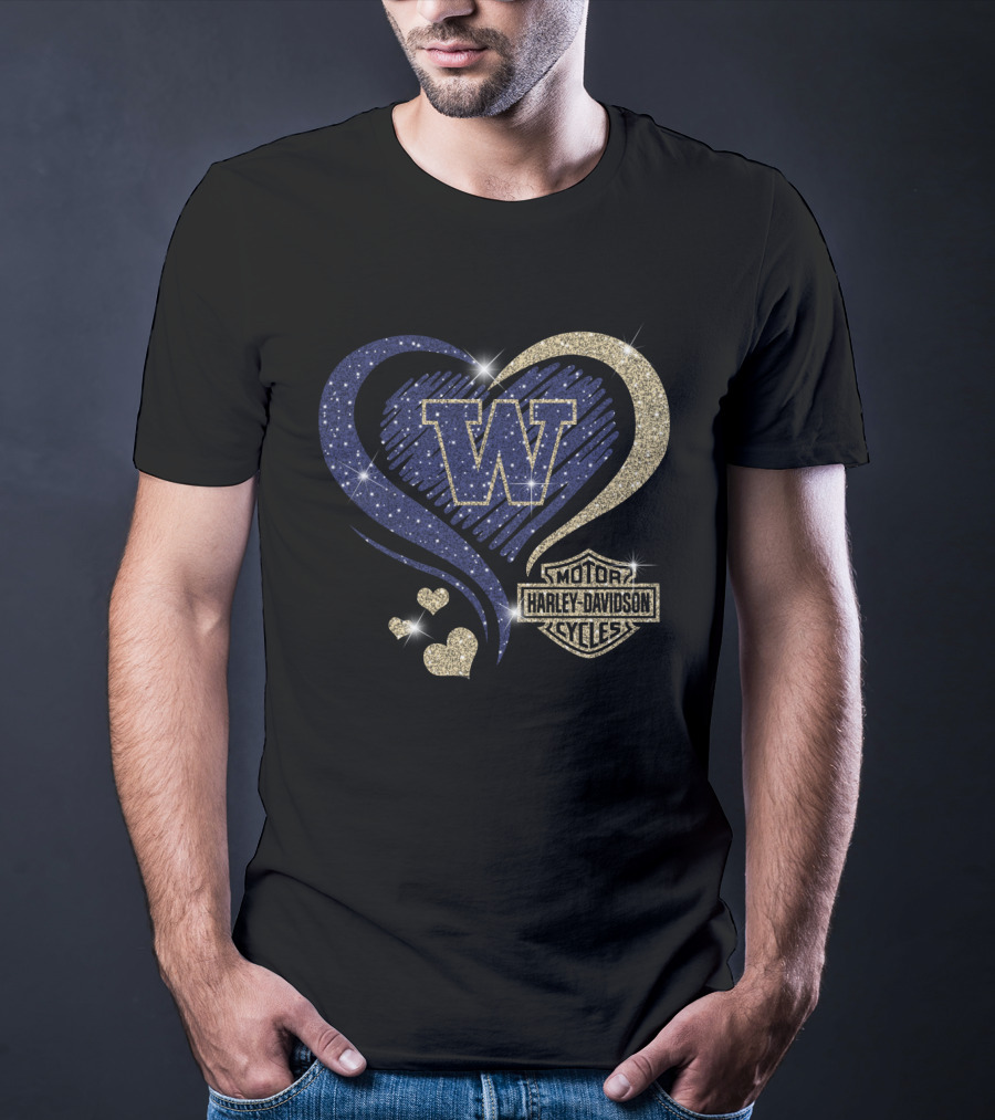 W Washington Huskies Harley Davidson Motorcycles Sparkling Heart T-Shirt