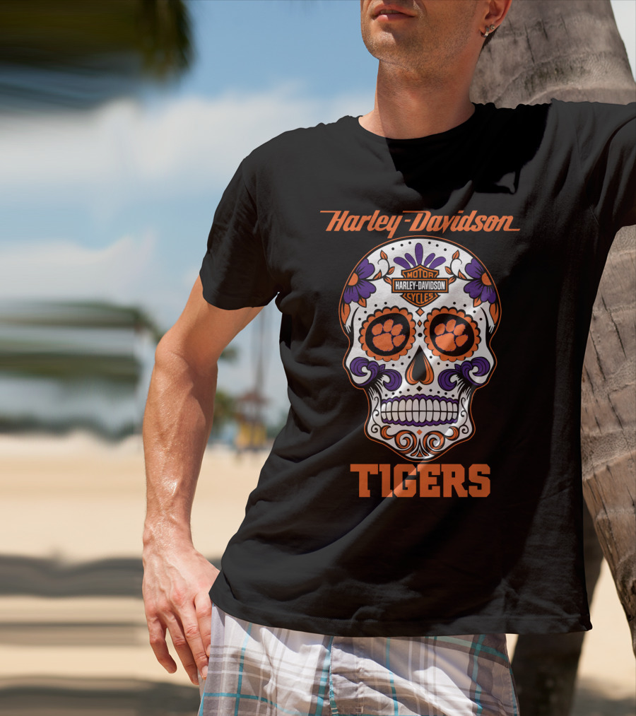 Harley Davidson Motor Cycles Clemson Tigers Skull T-Shirt