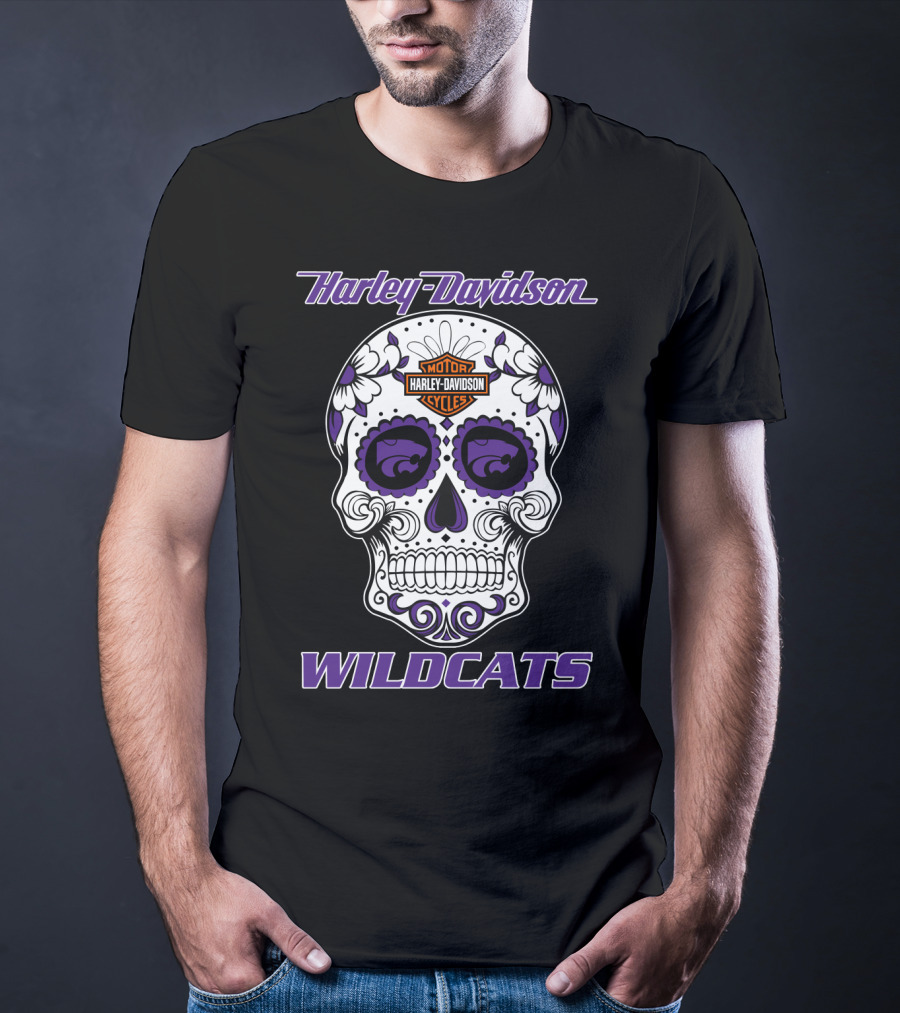 Harley Davidson Wildcats Kansas State Motor Cycles Day Of The Dead Skull T-Shirt