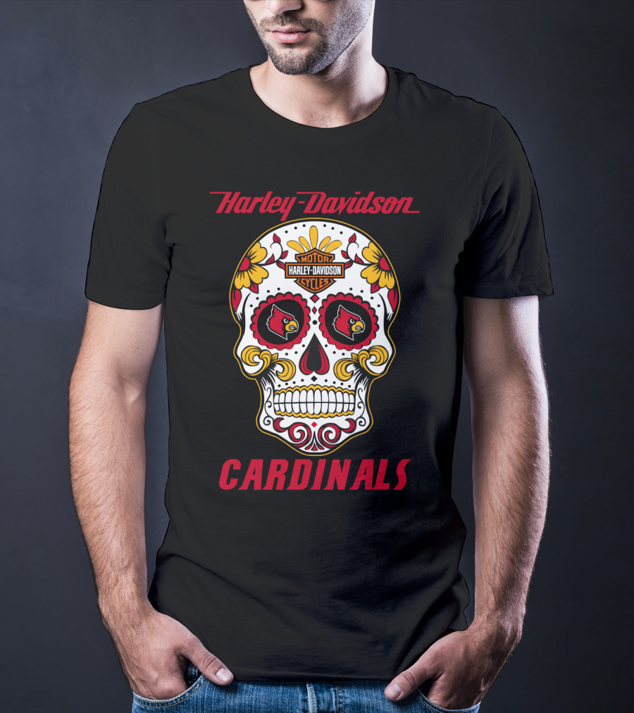 Harley Davidson Louisville Cardinals Dia De Los Muertos Skull T-Shirt