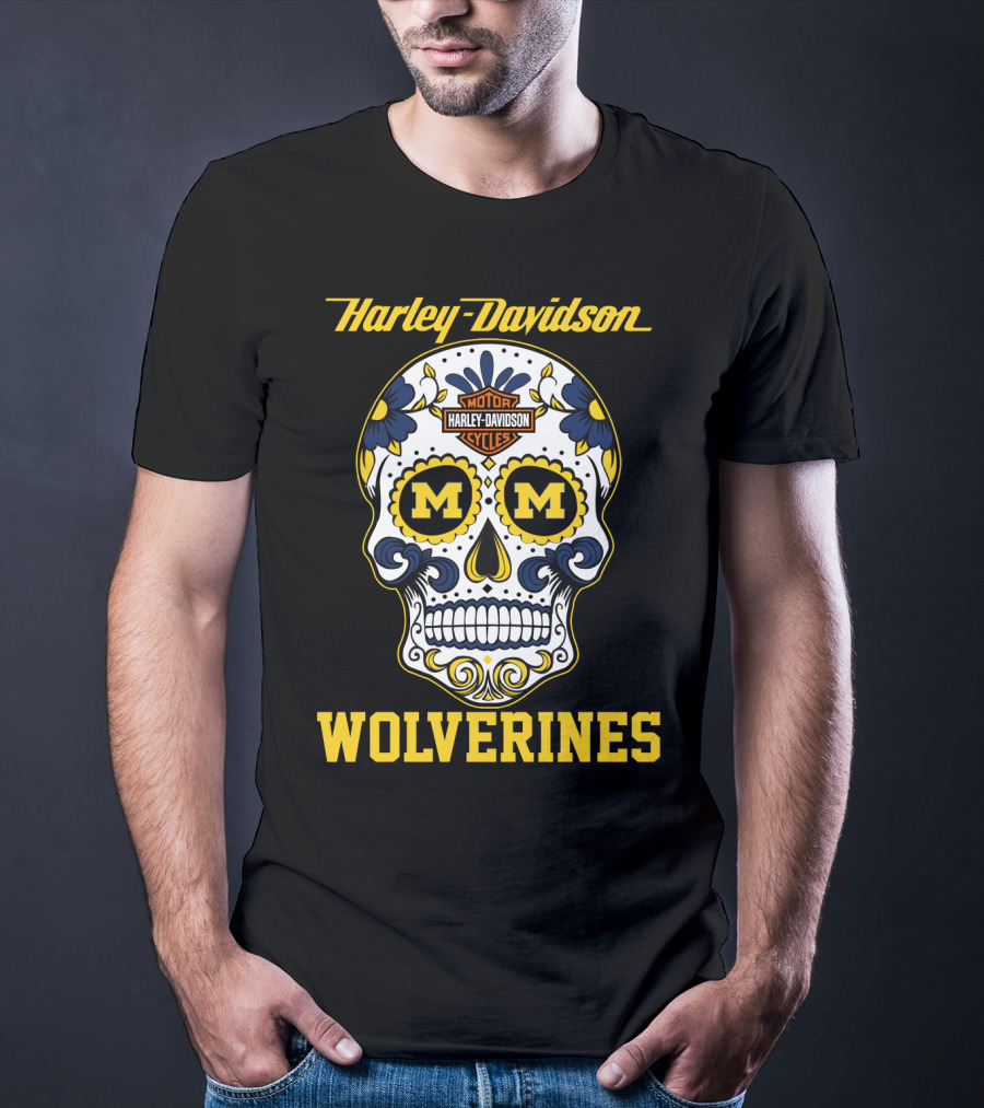 Harley Davidson Motor Cycles Michigan Wolverines Skull T-Shirt