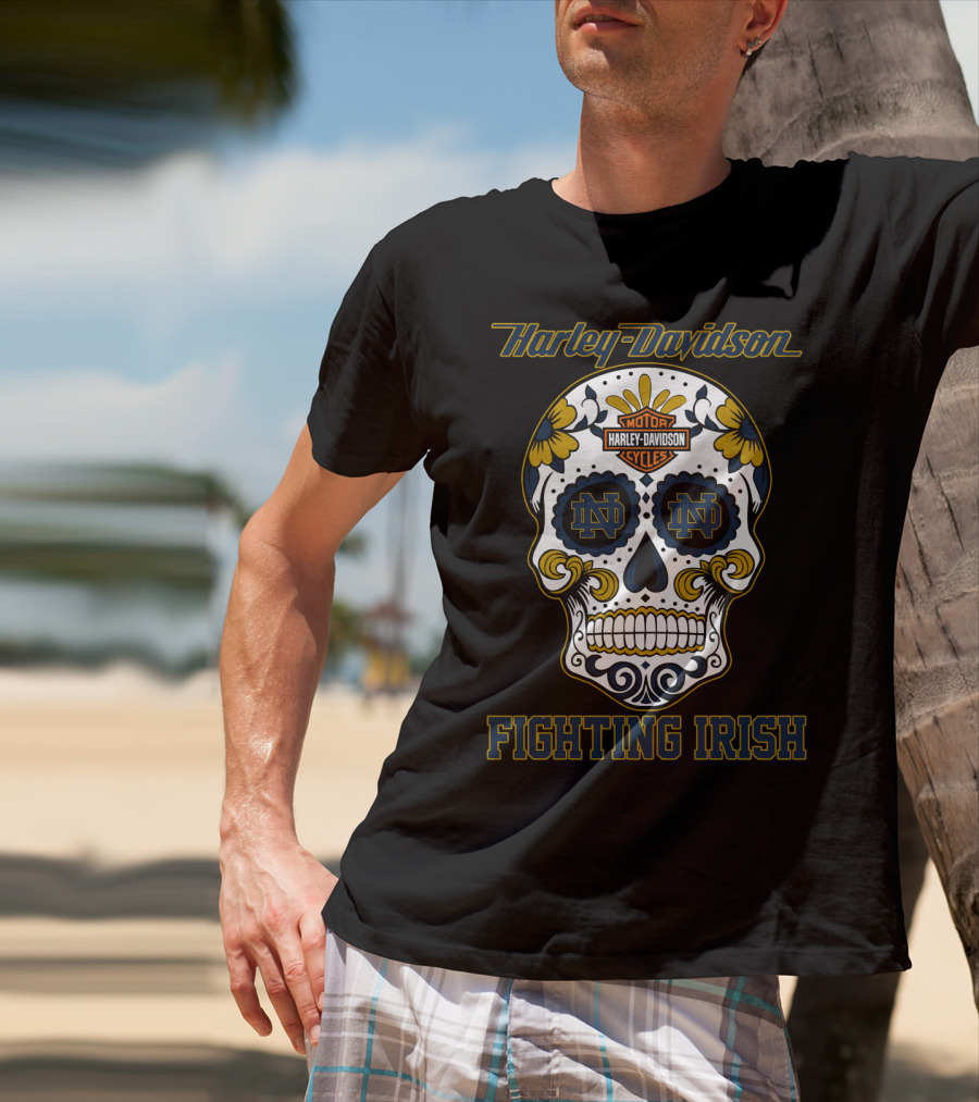 Harley Davidson Motor Cycles Notre Dame Nd Fighting Irish Skull T-Shirt