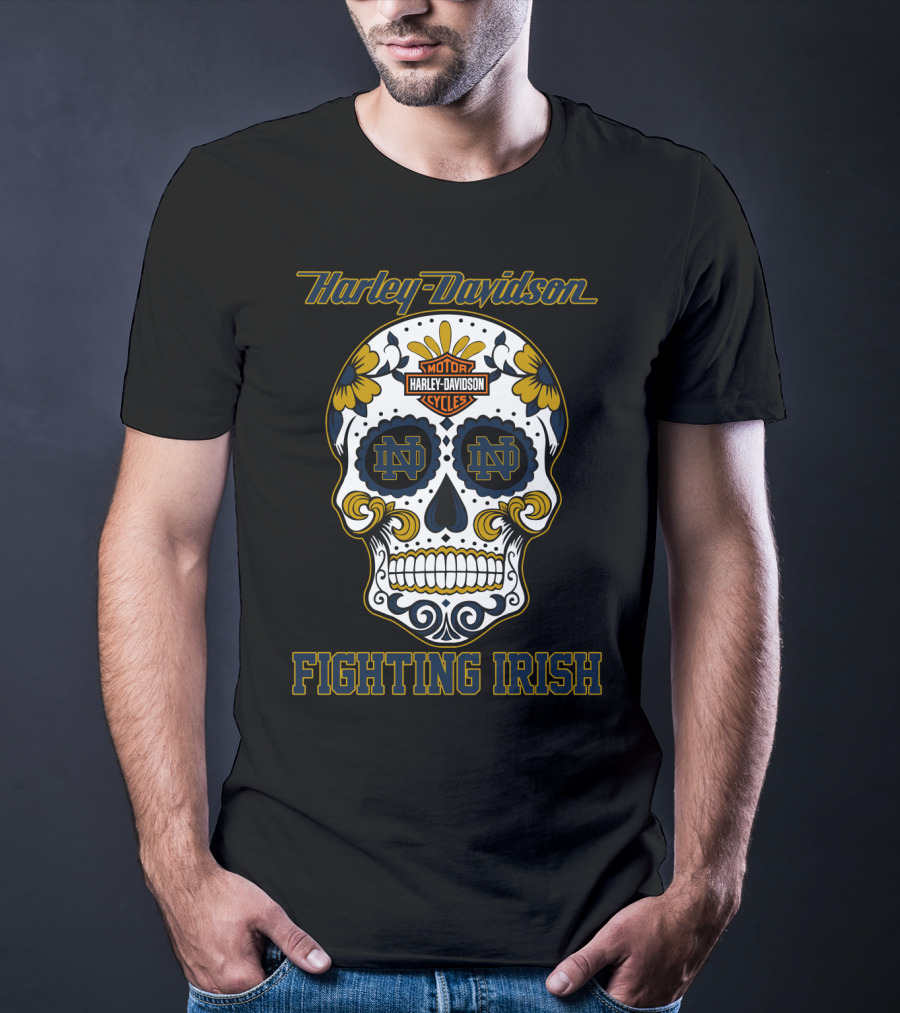 Harley Davidson Motor Cycles Notre Dame Nd Fighting Irish Skull T-Shirt