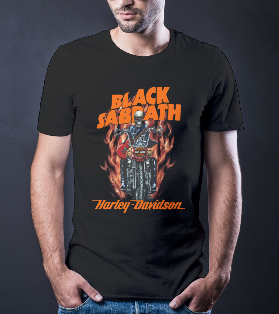 Black Sabbath Harley Davidson Skeleton Guitar Flames T-Shirt