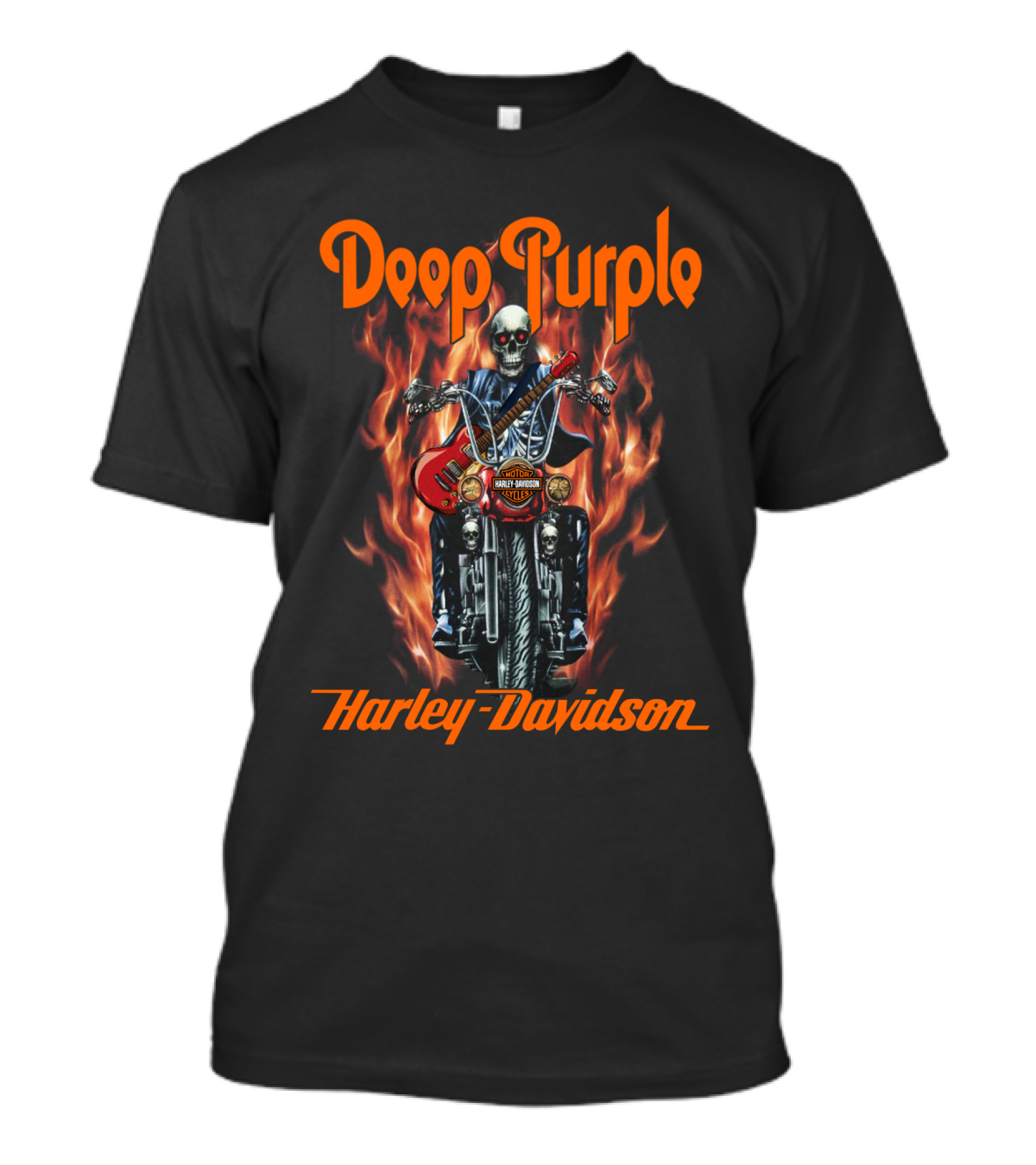 Deep Purple Harley Davidson Skeleton On Motorcycle With Flames T-Shirt