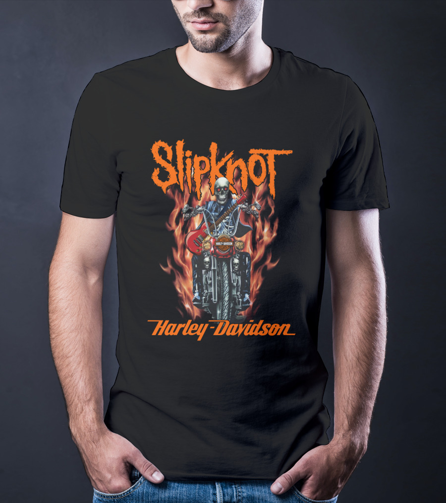 Slipknot Harley Davidson Flaming Skeleton Motorcycle Rider T-Shirt