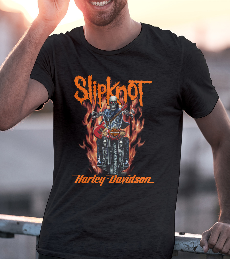 Slipknot Harley Davidson Flaming Skeleton Motorcycle Rider T-Shirt