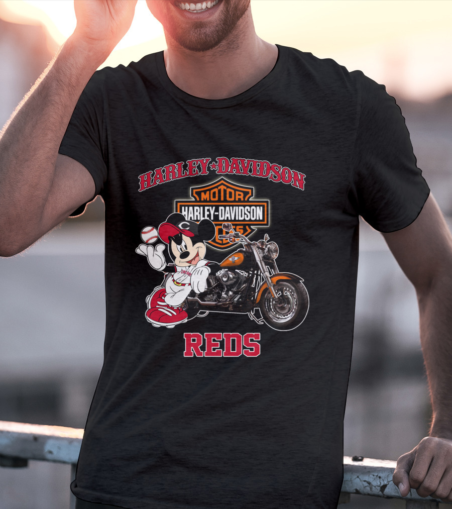 Harley Davidson Reds Cincinnati Motorcycle Mickey Mouse Baseball T-Shirt