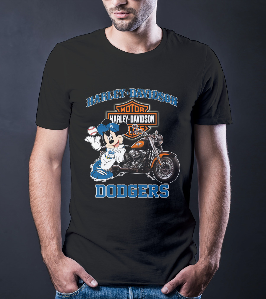 Harley Davidson Los Angeles Dodgers Mickey Mouse Motorcycle Baseball T-Shirt