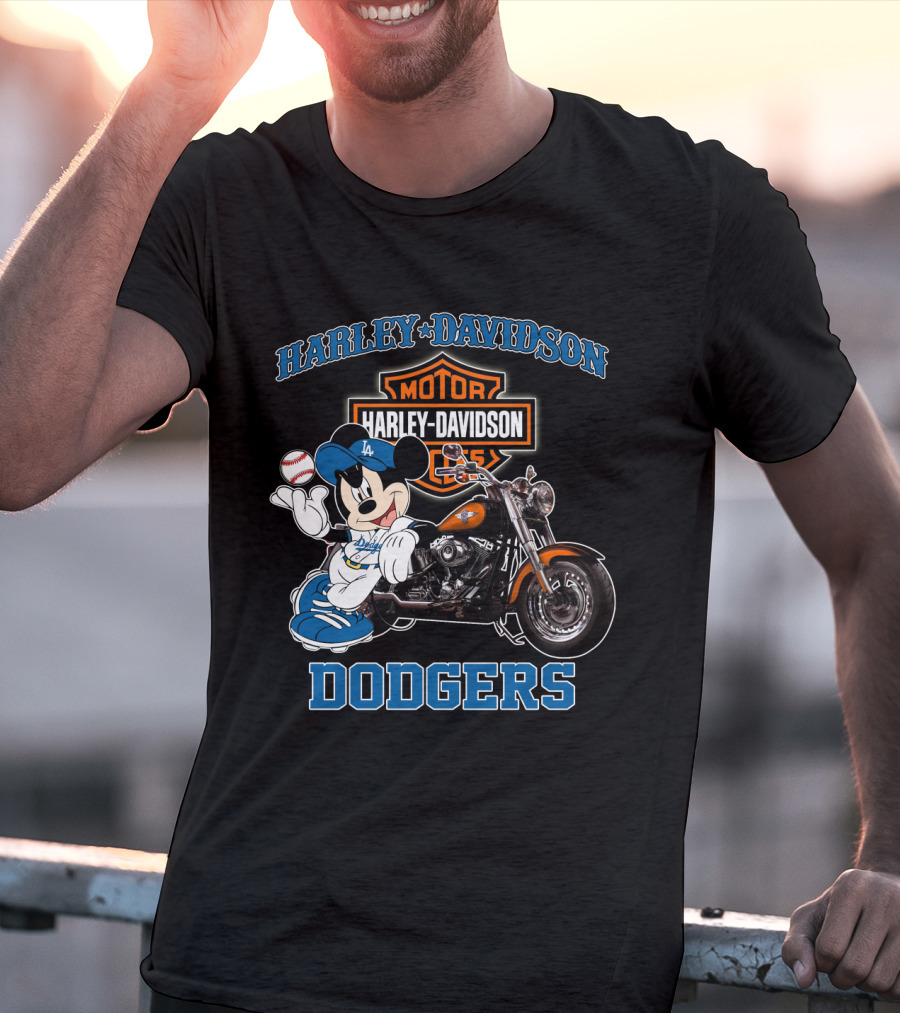 Harley Davidson Los Angeles Dodgers Mickey Mouse Motorcycle Baseball T-Shirt