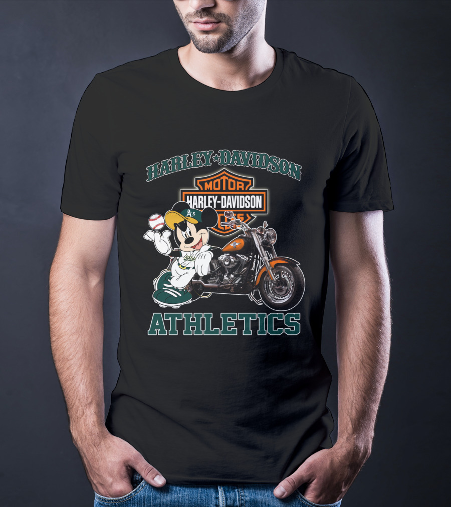 Harley Davidson Oakland Athletics With Mickey Mouse Baseball Motorcycle T-Shirt