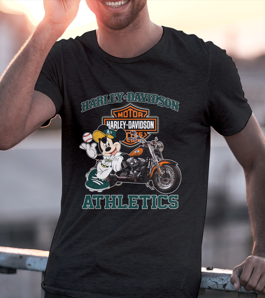 Harley Davidson Oakland Athletics With Mickey Mouse Baseball Motorcycle T-Shirt