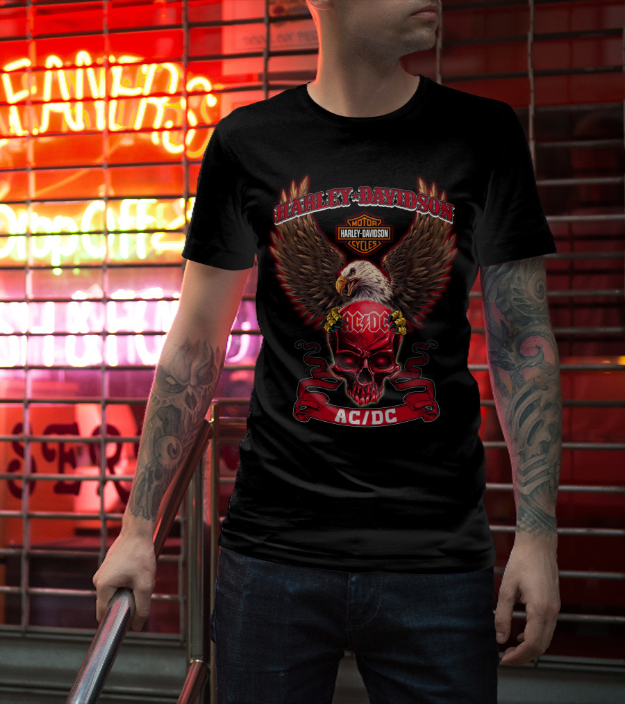 Harley Davidson Motor Cycles Ac/Dc Skull Eagle Wings T-Shirt