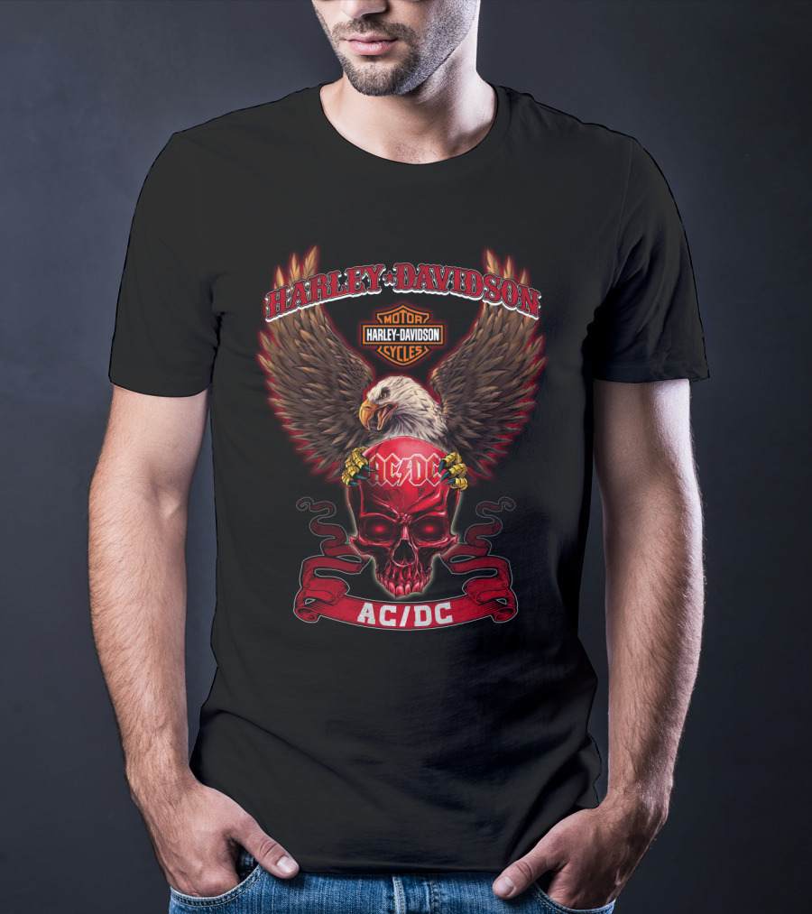 Harley Davidson Motor Cycles Ac/Dc Skull Eagle Wings T-Shirt
