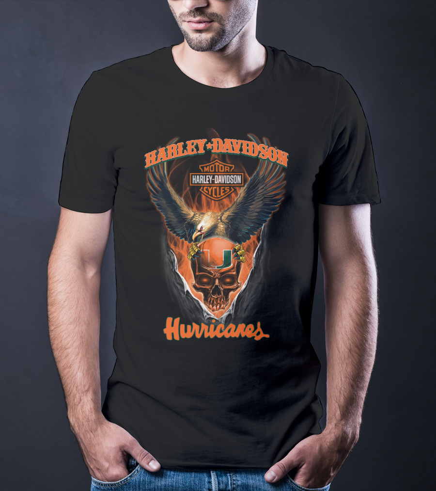 Harley Davidson Miami Hurricanes Motorcycles Skull And Eagle T-Shirt
