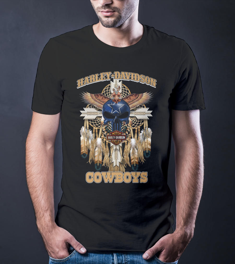 Harley Davidson Motor Cycles Cowboys Dreamcatcher Feathers Eagle Skull Star T-Shirt