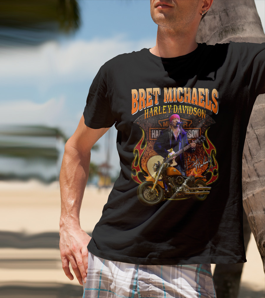 Bret Michaels Harley Davidson Motorcycle Concert Performance Signature T-Shirt