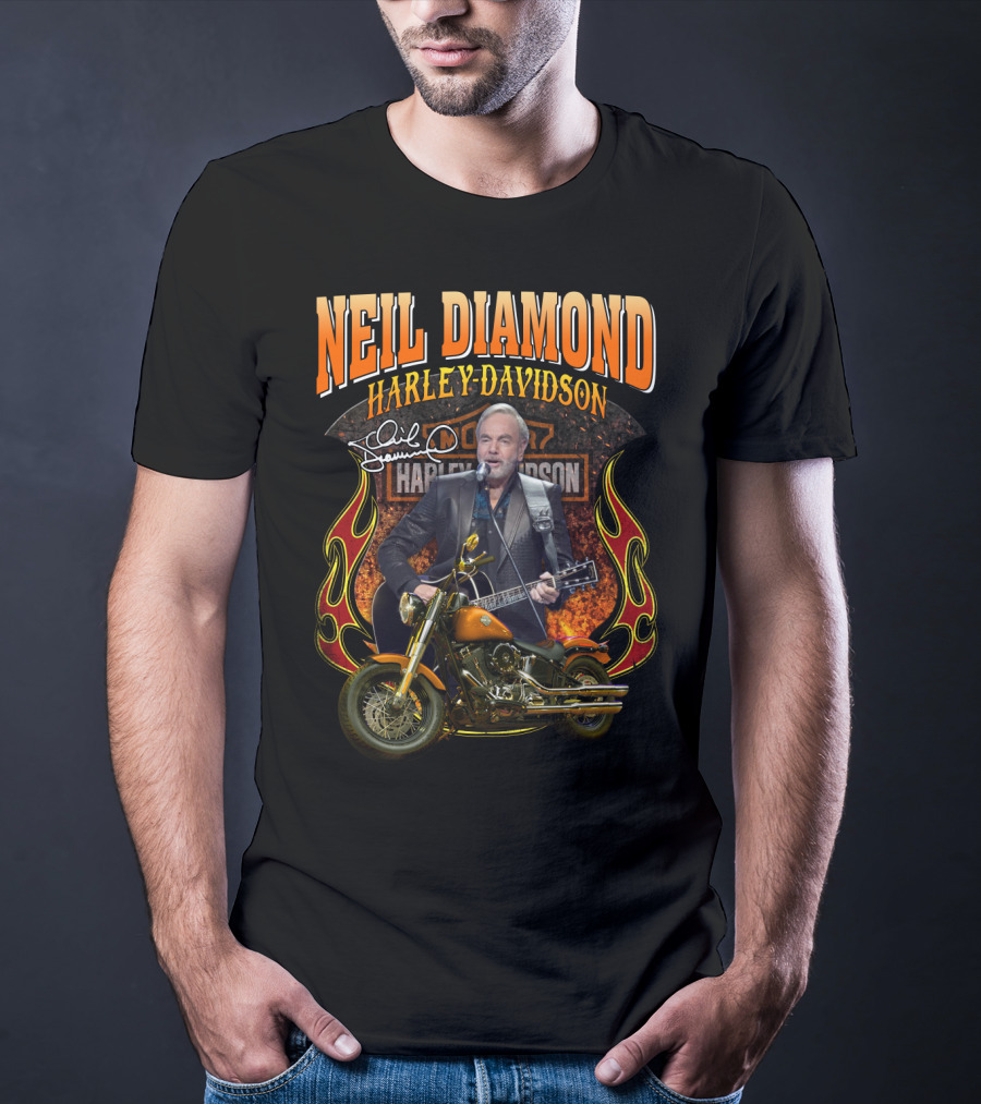 Neil Diamond Harley Davidson Motorcycle Flames Signature T-Shirt
