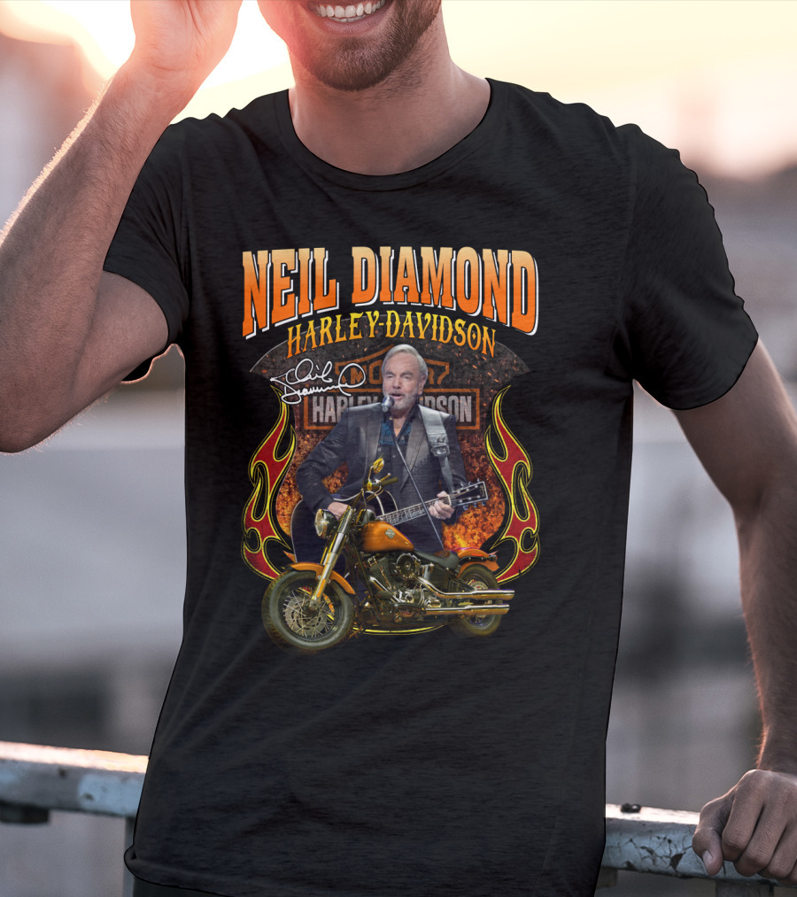 Neil Diamond Harley Davidson Motorcycle Flames Signature T-Shirt