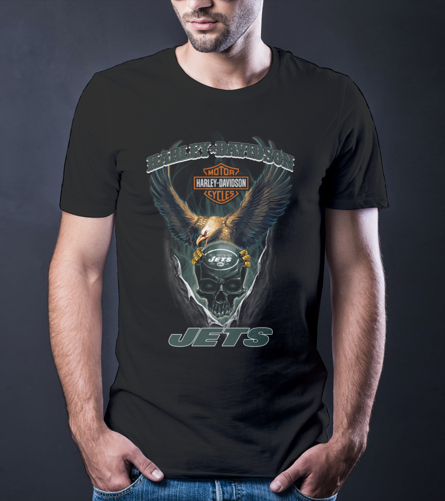 Harley Davidson Motor Cycles New York Jets Eagle Skull T-Shirt