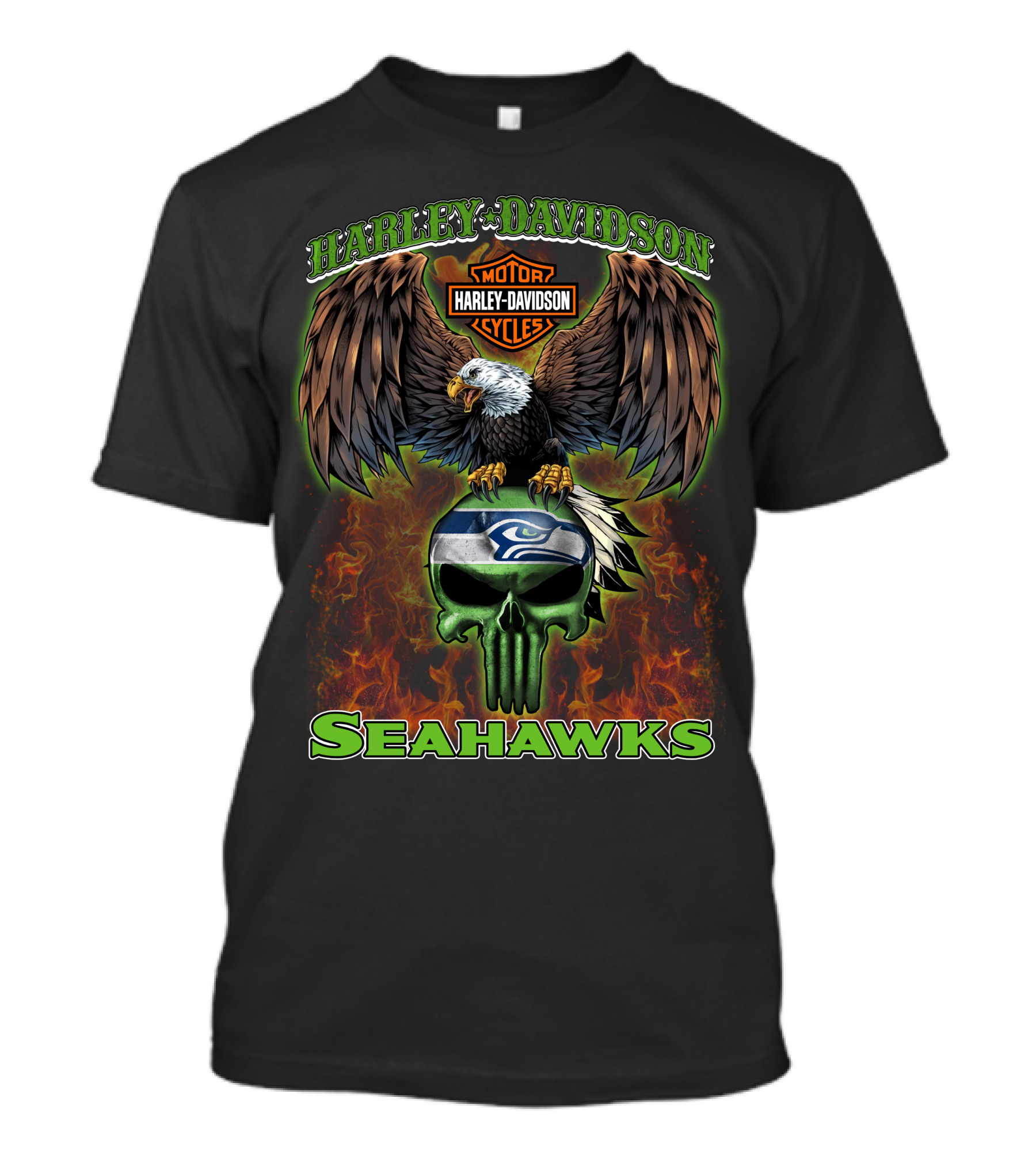 Harley Davidson Seahawks Motorcycles Eagle Skull T-Shirt