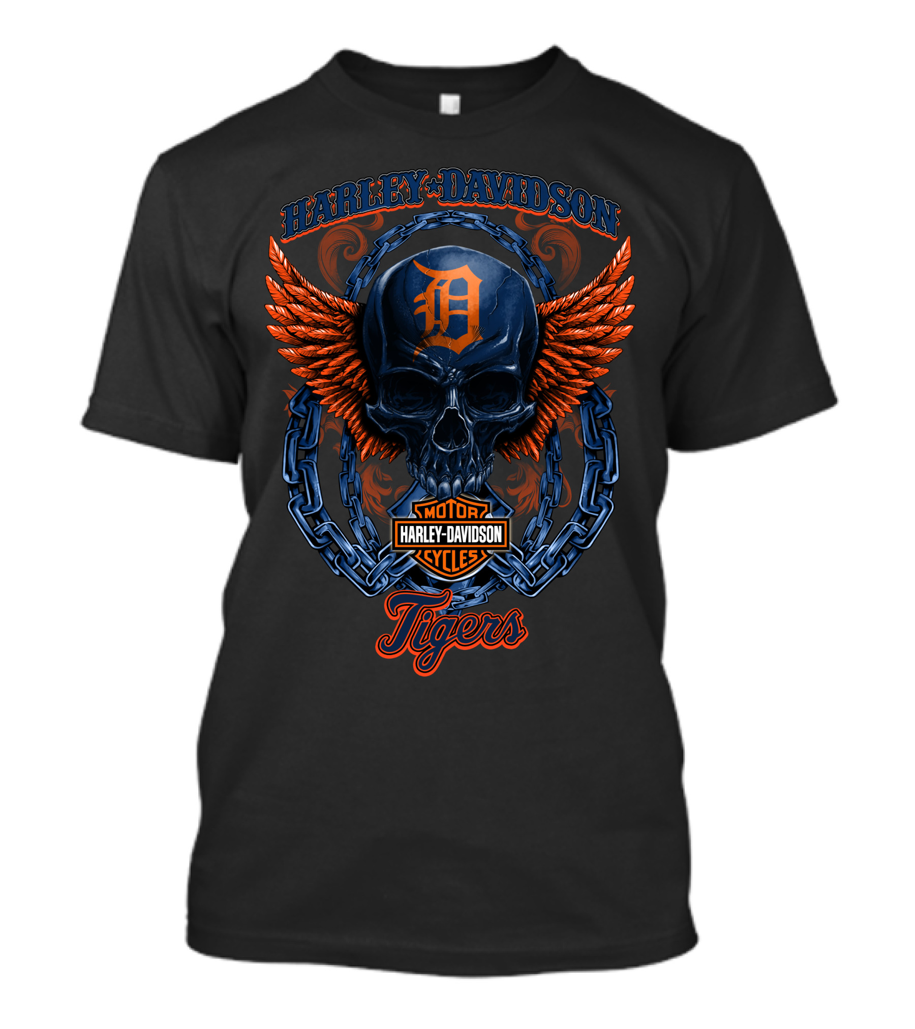 Harley Davidson Motorcycles Detroit Tigers Skull Wings T-Shirt