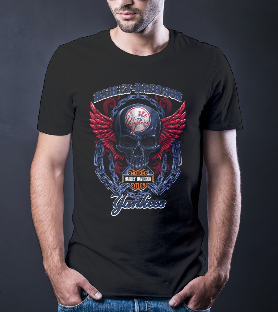 Harley Davidson Yankees Skull With Wings And Chains T-Shirt