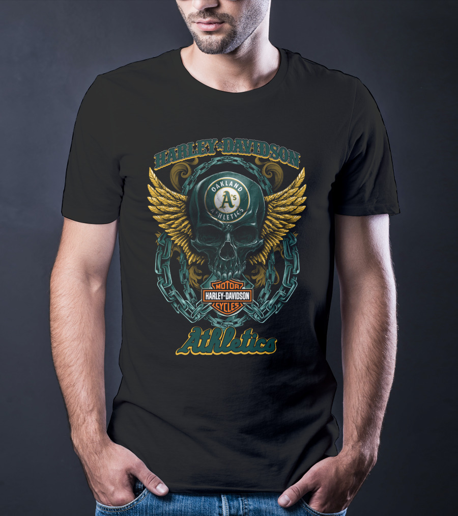 Harley Davidson Motorcycles Oakland Athletics Skull With Chains And Wings T-Shirt