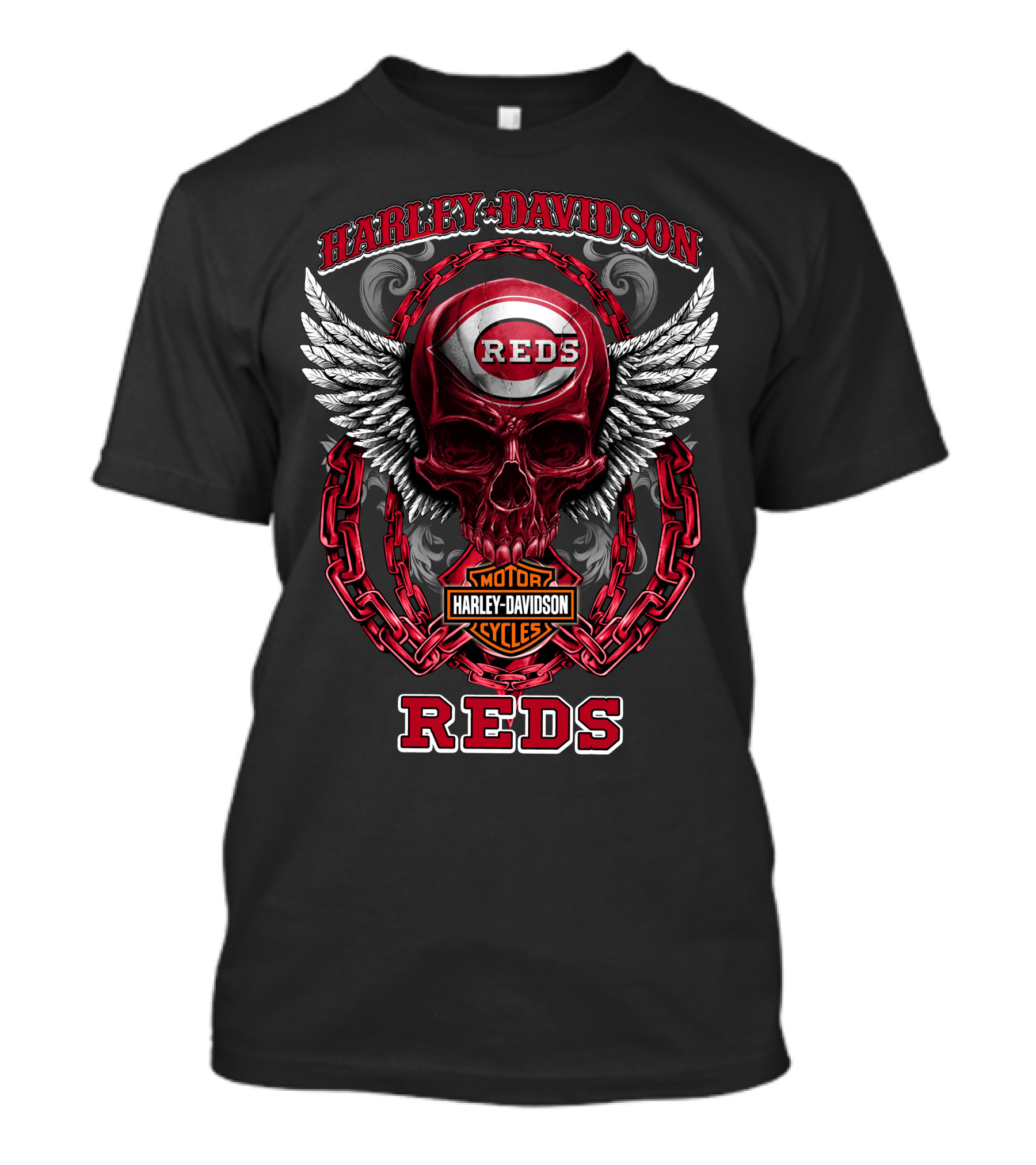 Harley Davidson Cincinnati Reds Skull Wings Chain T-Shirt