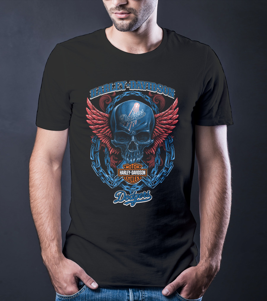 Harley Davidson Los Angeles Dodgers Motor Cycles Skull With Wings T-Shirt