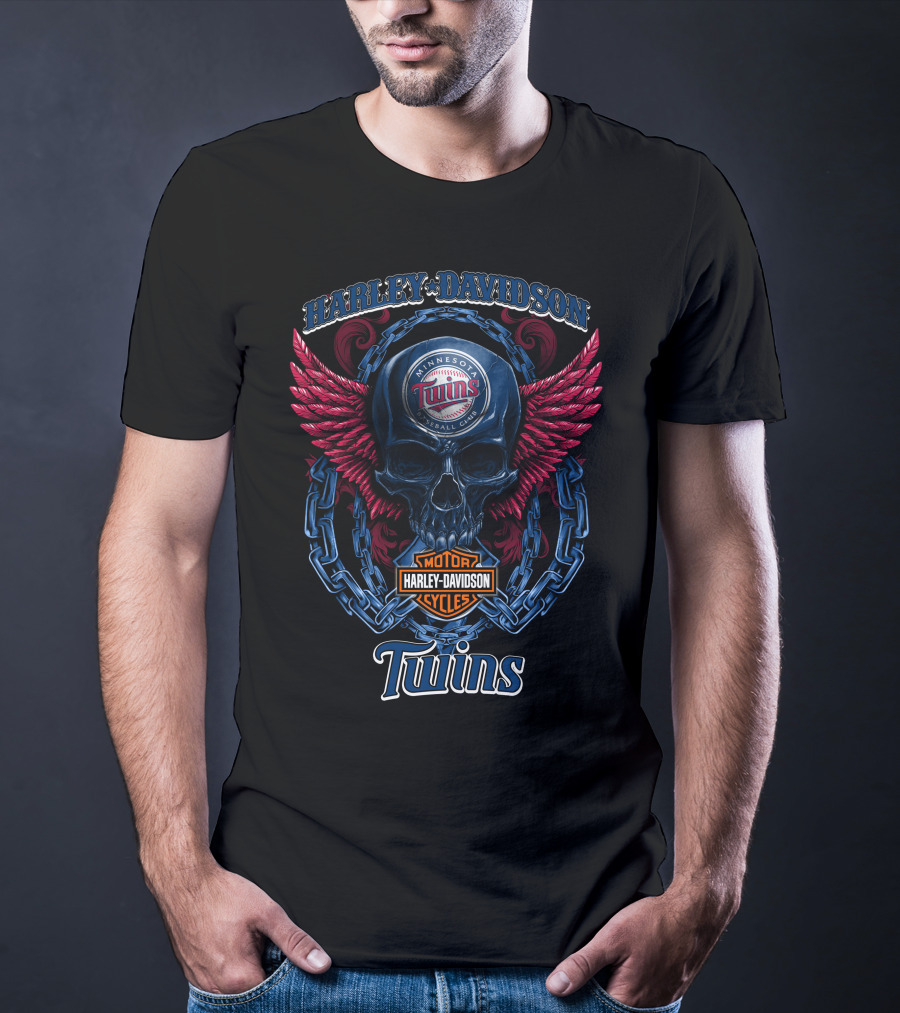 Harley Davidson Minnesota Twins Baseball Club Motorcycle Cycles Skull Wings T-Shirt