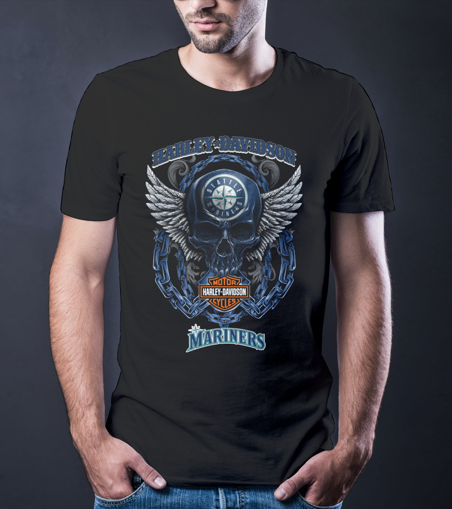 Harley Davidson Seattle Mariners Skull Winged Emblem With Motorcycles T-Shirt