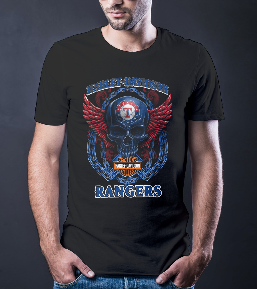 Harley Davidson Texas Rangers Skull Wings Chains T-Shirt