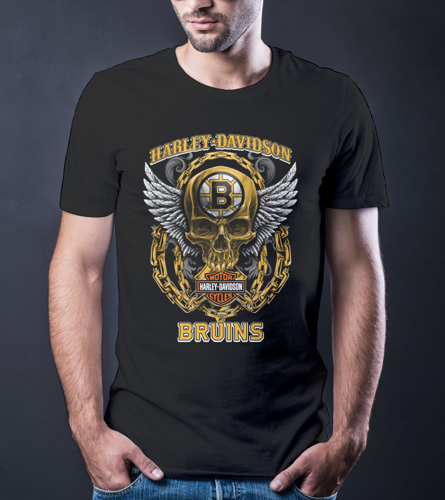 Harley Davidson Motorcycles Bruins Nhl Boston Bruins Skull Winged T-Shirt