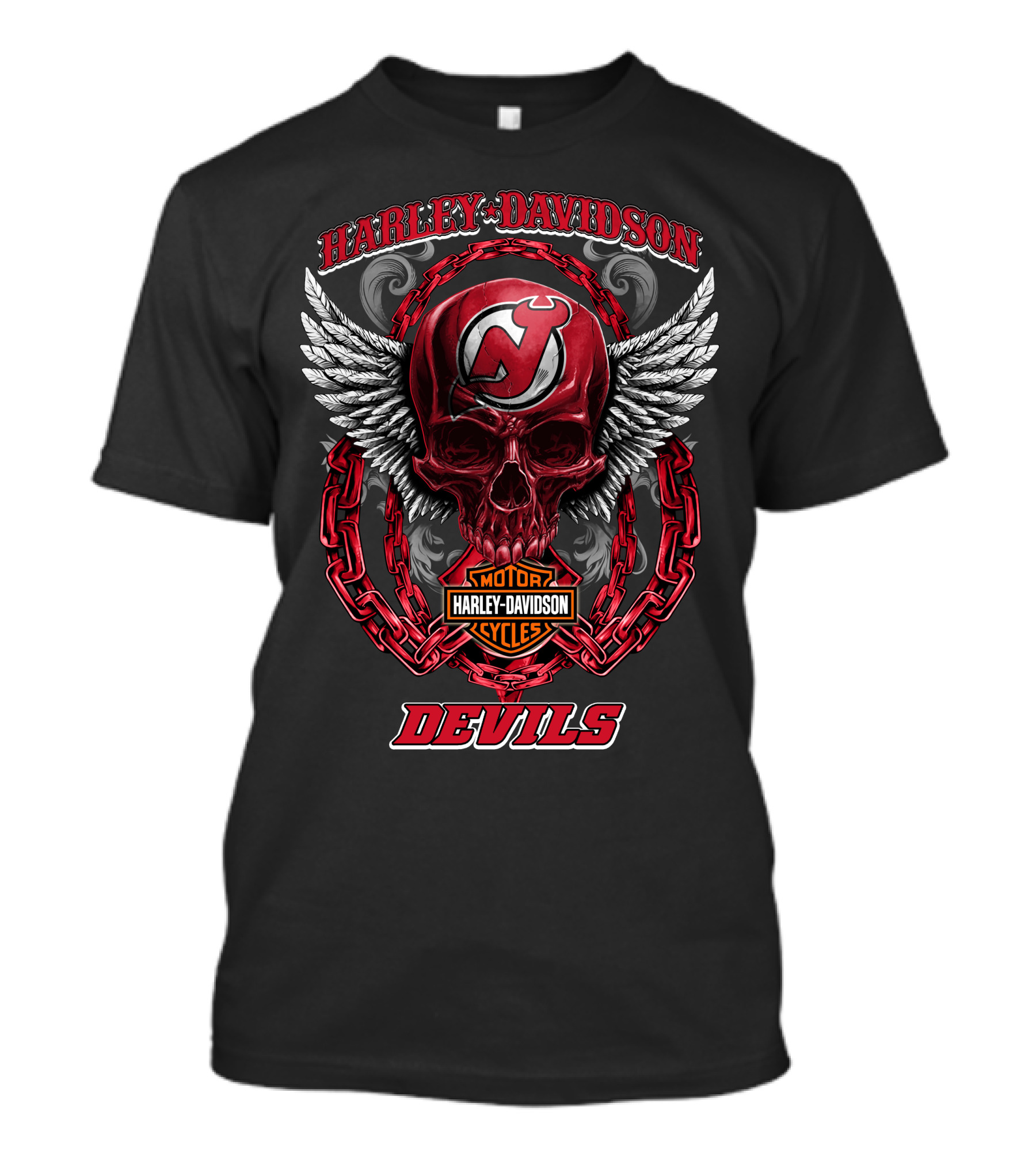 Harley Davidson New Jersey Devils Skull Wings Chains Motorcycles T-Shirt