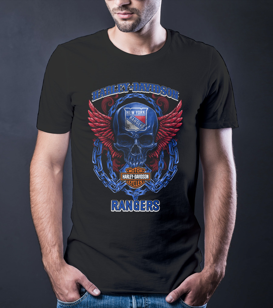 Harley Davidson New York Rangers Skull With Wings And Chain T-Shirt
