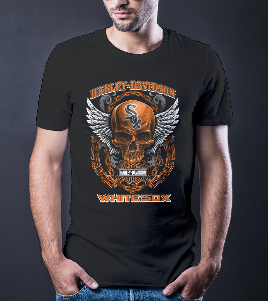 Harley Davidson Motor Cycles Skull Chain Wings Whitesox T-Shirt
