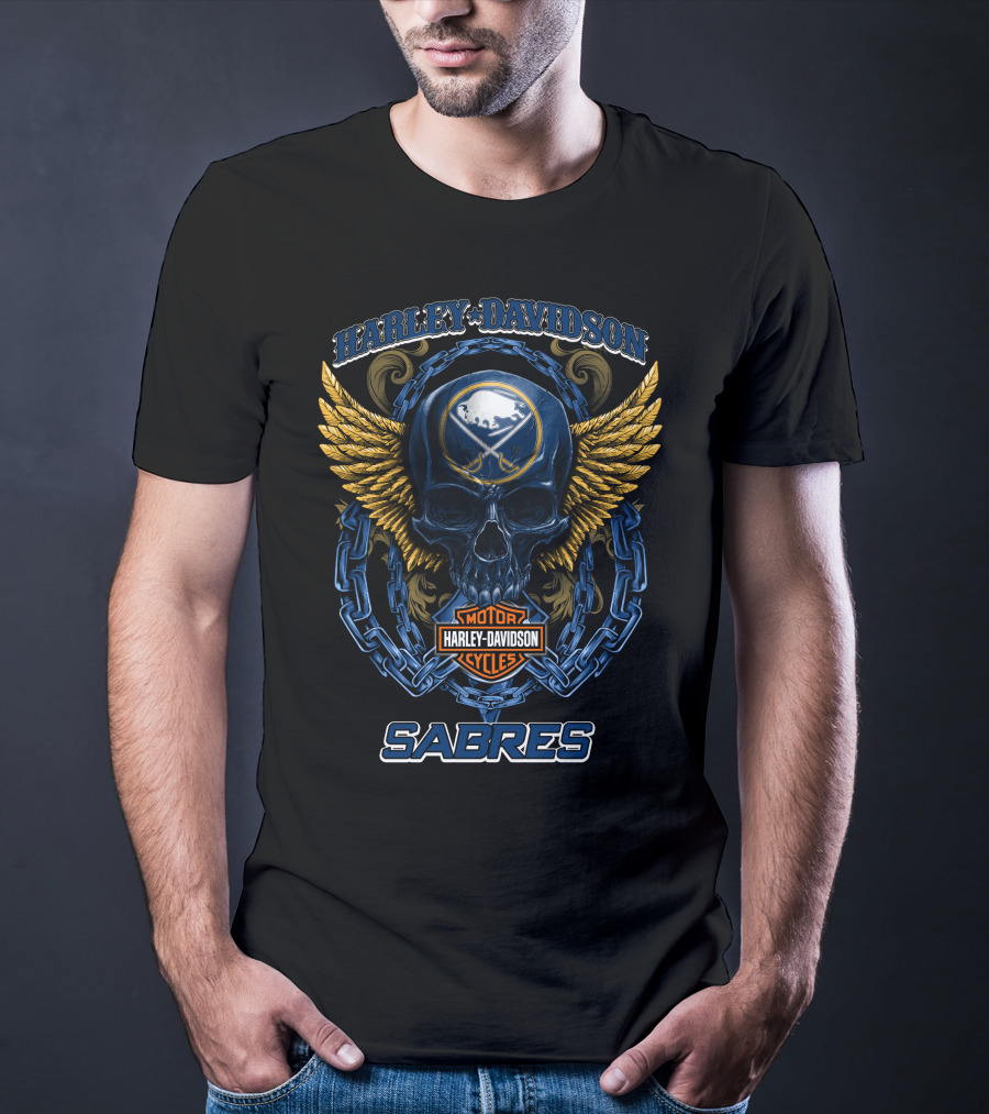Harley Davidson Buffalo Sabres Nhl Motor Cycles Skull Wings T-Shirt