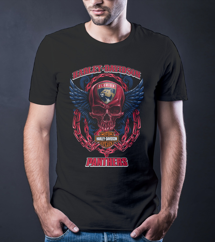 Harley Davidson Florida Panthers Motorcycles Nhl Winged Skull T-Shirt