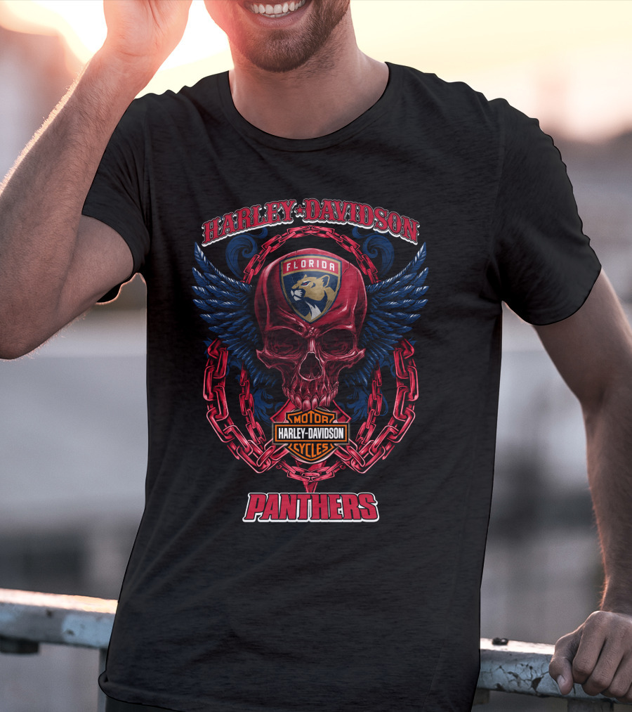 Harley Davidson Florida Panthers Motorcycles Nhl Winged Skull T-Shirt