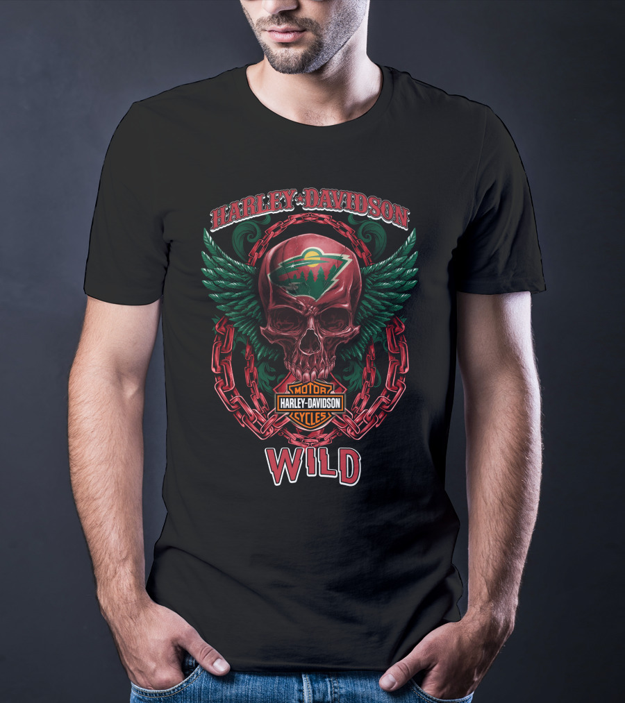 Harley Davidson Motorcycles Nhl Minnesota Wild Skull Wings Chain T-Shirt