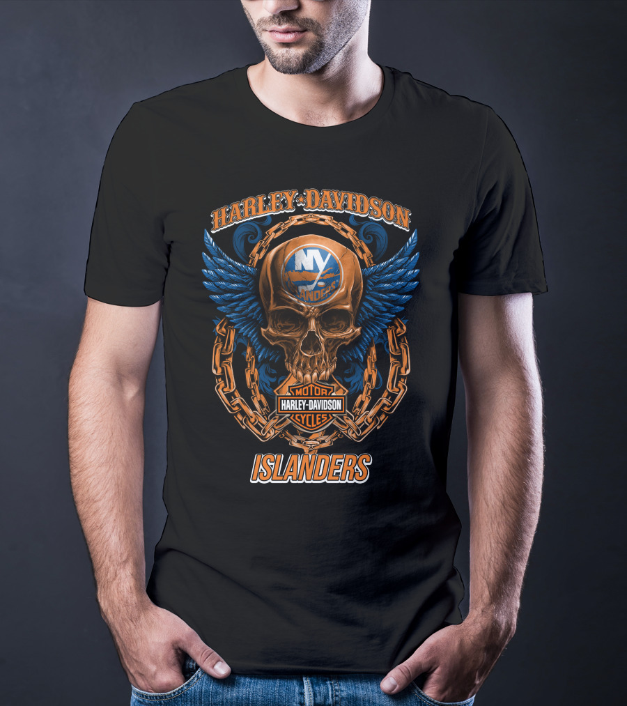 Harley Davidson Motor Cycles Islanders Skull Wings Chain Nhl New York Islanders T-Shirt