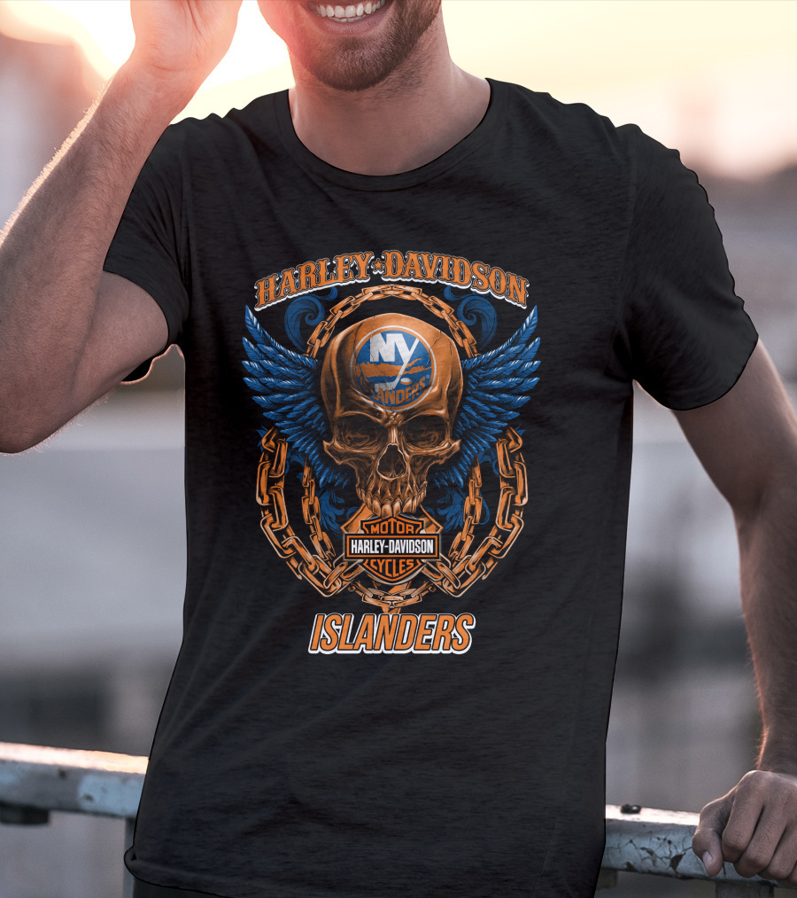Harley Davidson Motor Cycles Islanders Skull Wings Chain Nhl New York Islanders T-Shirt
