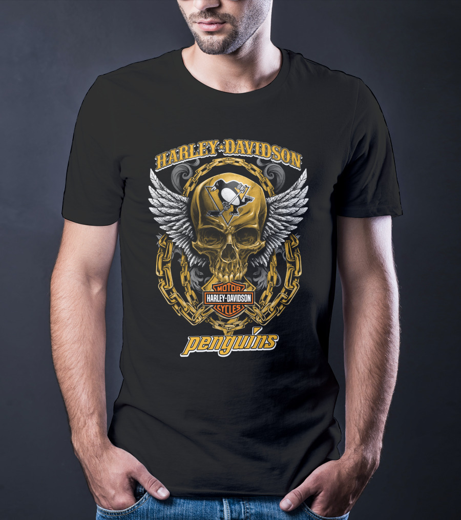 Harley Davidson Pittsburgh Penguins Nhl Skull Wings Chain T-Shirt