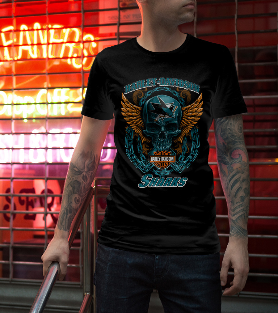 Harley Davidson San Jose Sharks Nhl Motorcycles Skull And Wings T-Shirt