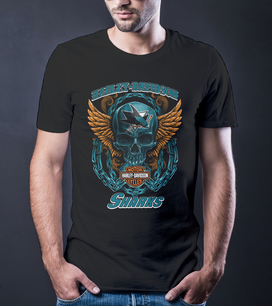 Harley Davidson San Jose Sharks Nhl Motorcycles Skull And Wings T-Shirt